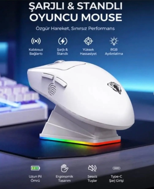 AYMESTORE Kablosuz Oyuncu Mouse RGB – 6400 DPI Ultra Hafif 51gr | Bluetooth + Mouse Şarj İstasyonlu