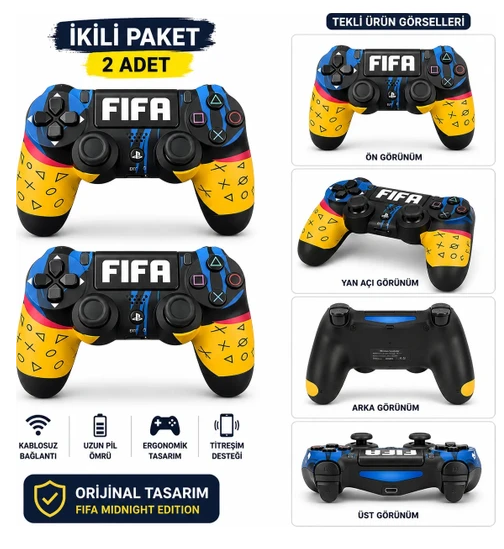 Kablosuz Titreşimli Oyun Kolu Joystick Ps4 Kolu Ps Pc Tv Uyumlu 2'li Set fifa desenli