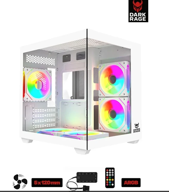 Darkrage Beyaz 5 Fanlı 120MM Argb Tuş+Kumanda Temperli Cam Mini Gaming Oyuncu Bilgisayar Kasası