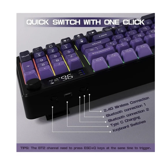 Freewolf M96 2.4g+Bt5.0 Triple Mebran Sessiz Tasarım Tft LED Ekranlı Reinbow Gaming Oyuncu Klavye