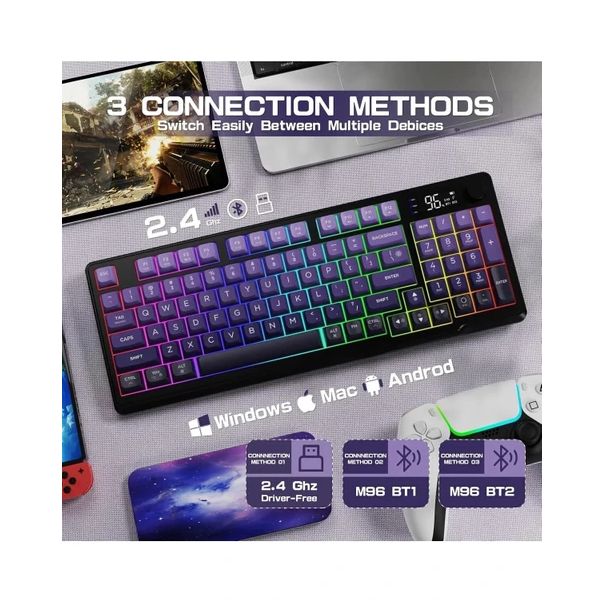 Freewolf M96 2.4g+Bt5.0 Triple Mebran Sessiz Tasarım Tft LED Ekranlı Reinbow Gaming Oyuncu Klavye