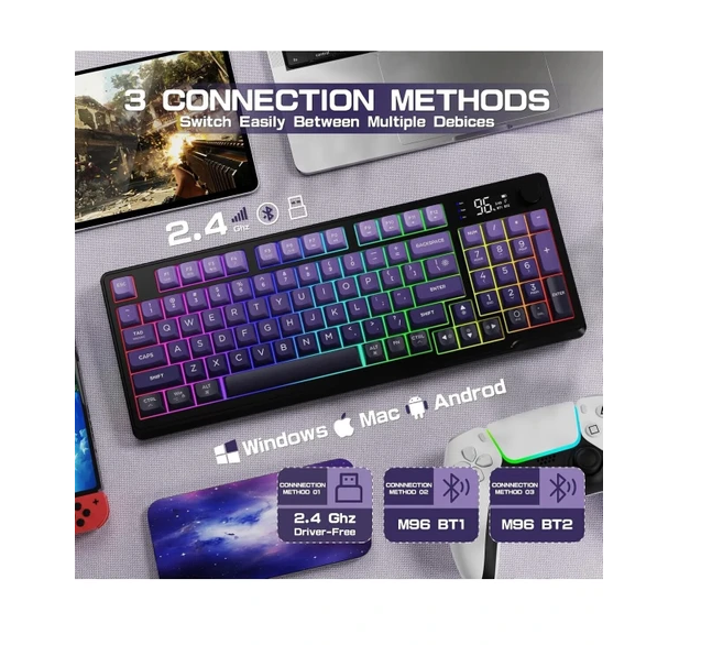 Freewolf M96 2.4g+Bt5.0 Triple Mebran Sessiz Tasarım Tft LED Ekranlı Reinbow Gaming Oyuncu Klavye